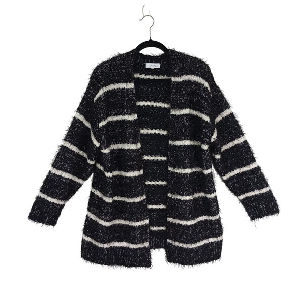 Calvin Klein Cardigan Womens Black & White Fuzzy Striped Open-Front Sweater - Picture 1 of 9
